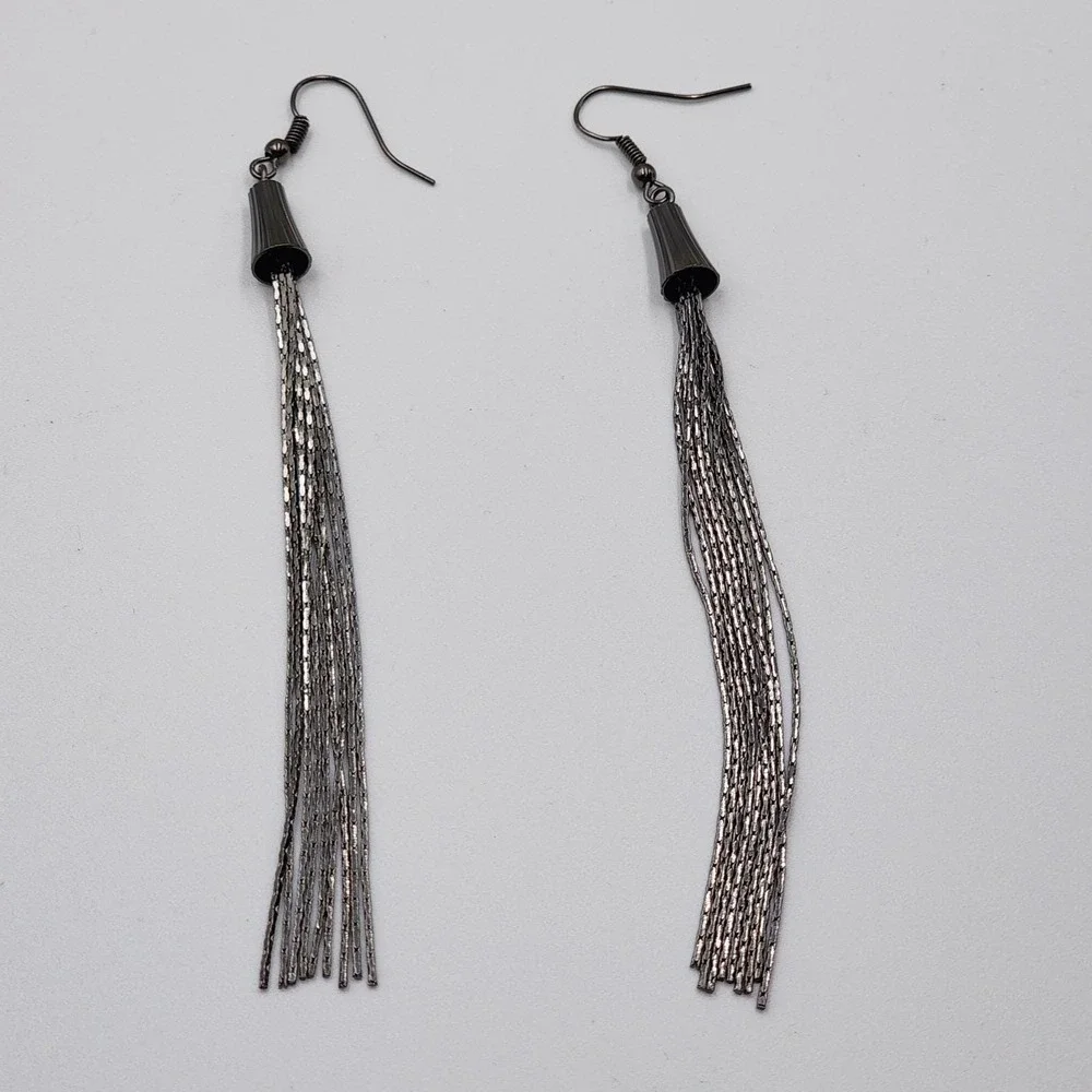 Vintage Fashion 80's Black Gun‎ Metal Chain Dangle Large Drop Earrings 4